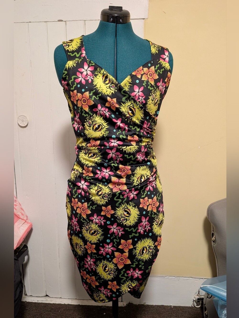 Sourpuss Black Tiki Dress with Yellow Blow Fish, Pink & Orange Floral Print